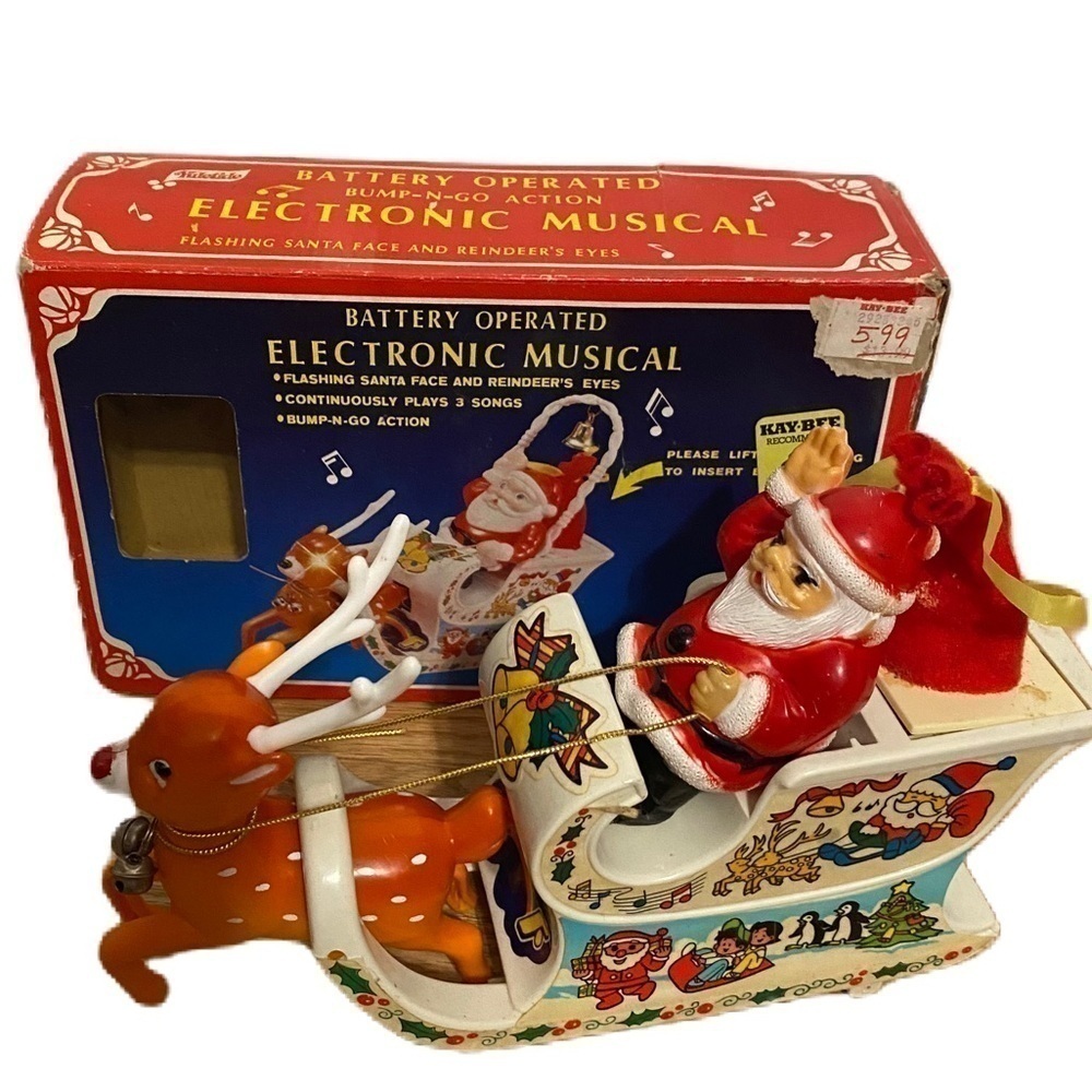 Vintage Santa Clause Sleigh Reindeer Battery Operated Electronic Musical Toy
